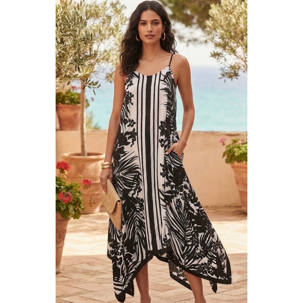 Lane Bryant Black White Tropical Palm Stripe Handkerchief Hem Maxi Dress 22/24
